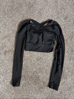 Black Long Sleeve Crop Top with Cross-Back Detail